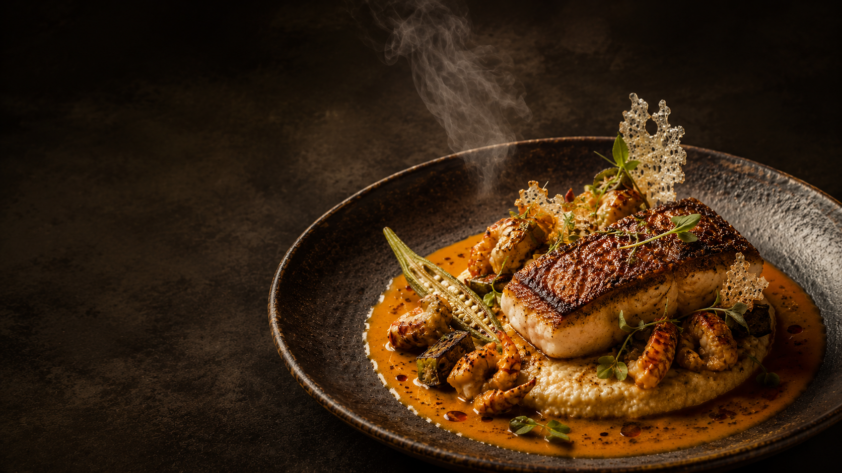 Seared fish with crawfish on stone-ground grits with Cajun butter sauce